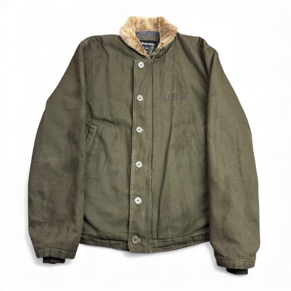 J Peterman Military Coat Jacket Men's Small Green Canvas USN N1 Deck Stencil